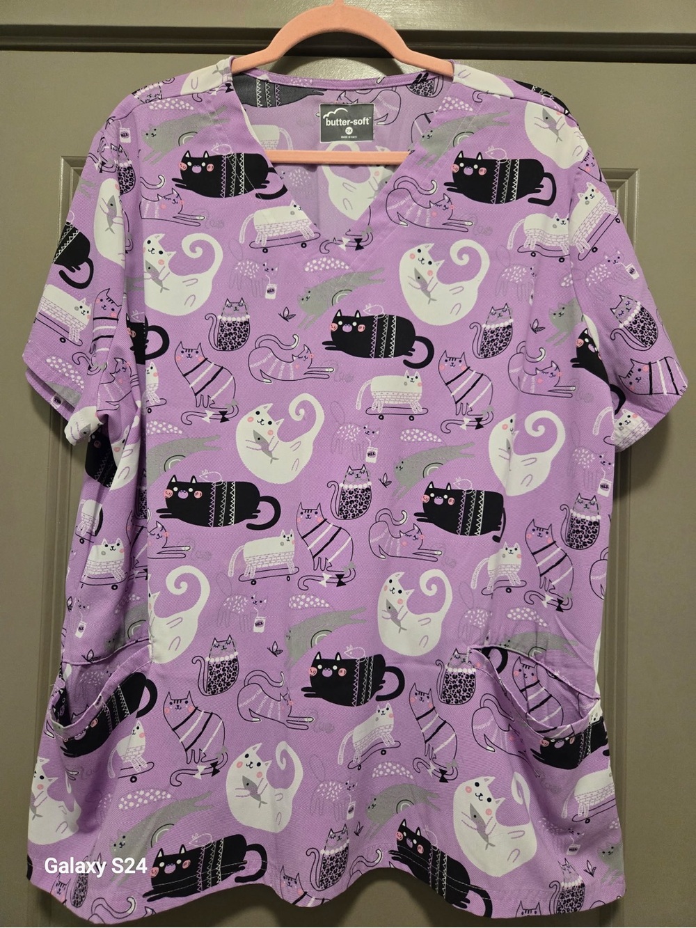 Butler Soft Lavender Cat Print V-Neck Scrub Top